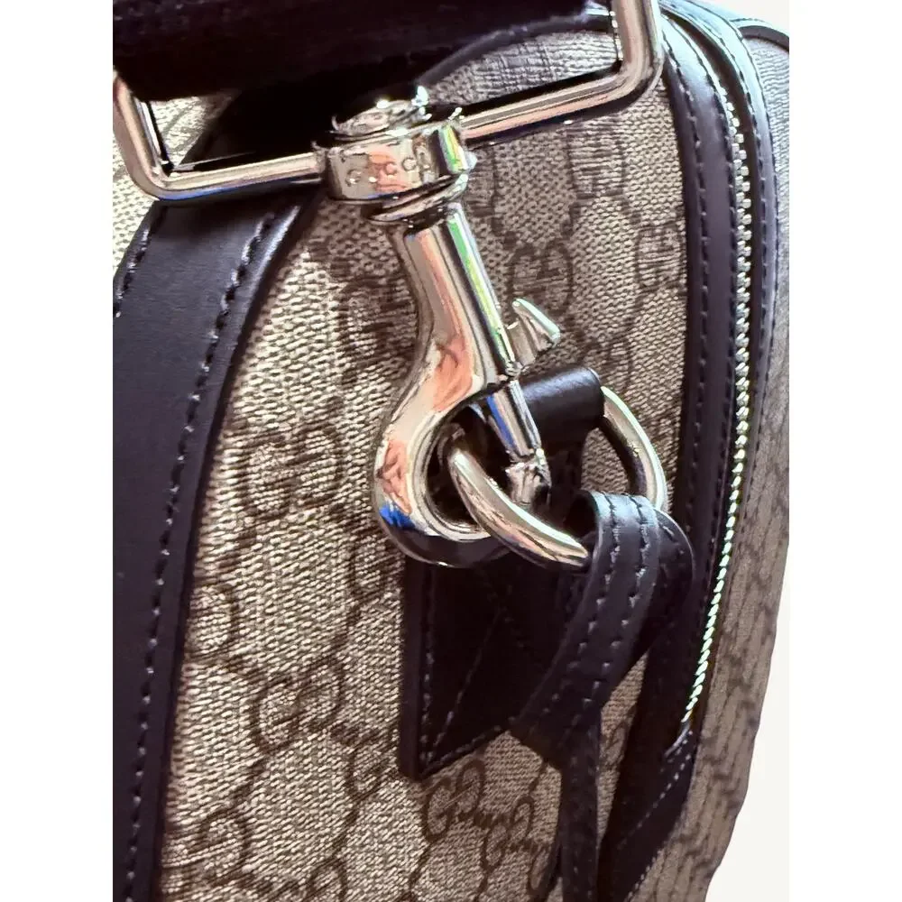 Gucci GG Supreme XL Travel Duffel Bag Beige Ebony Black Leather Full Set New